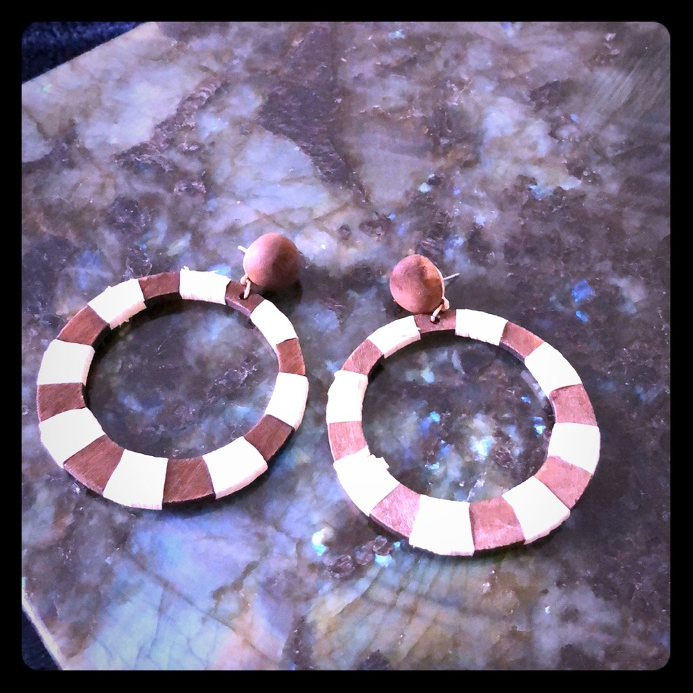 Coastal‎ Wood Brown Tan Dangle Hoop Earrings